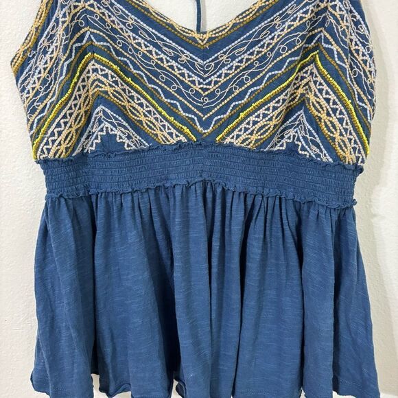 Free People XL Blue Babydoll Cami Top Cotton Linen Blend Embroidered Boho Hippie - Picture 11 of 14